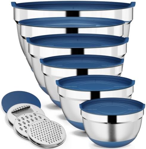 9 Pack Mixing Bowls with Airtight Lids & Grater Attachments, Blue