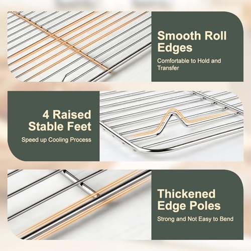 Stainless Steel Baking Sheet Tray Cooling Rack with Silicone Baking Mat Set, 9/12/16 Inch Cookie Sheet Baking Pan with Wire Rack Set, Set of 9 (3 Sheets + 3 Racks + 3 Mats), Heavy Duty & Rust Proof