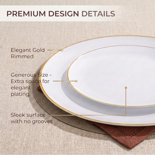 KIRE 100PCS White Plates with Gold Trim - Plastic Disposable Plates - Includes 50Pieces 10.25inch Dinner and 50Pieces 7.5inch Dessert/Salad Plastic Plate for Wedding Receptions/Party/Thanksgiving