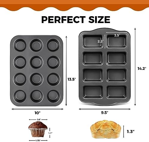 HONGBAKE Nonstick Muffin Pan 12 Cup and Mini Loaf Pans 8 Cavity, Cupcake Tin for Baking and Small Banana Bread Tray - Grey