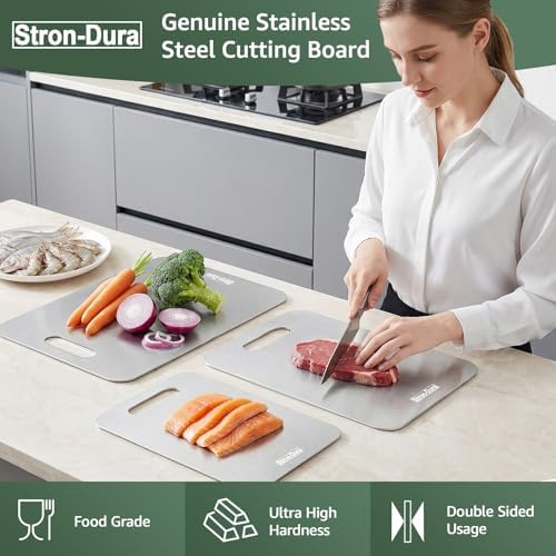 Stron-Dura Cutting Board, Stainless Steel Cutting Board, Foodgrade Cutting Boards for Kitchen, Double Side Use, Odor free, Set of 3, 15",13",11",
