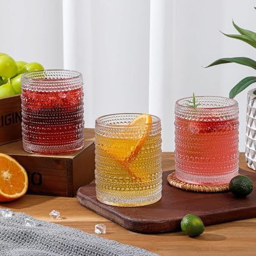 HomeVogue Hobnail Drinking Glasses Set of 6,12 oz Vintage Glassware Set Cocktail Glass Set, Embossed Clear Water Tumbler,for Beer, Whiskey,Juice and Various Mixed Drinks (12oz Clear)