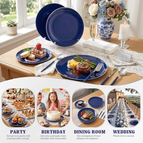 KIRE 175Pcs Blue Plastic Plates with Silver Rim & Disposable Silverware with Blue Handle & Silver-rim Cups & Hand Napkin & Plastic Dinnerware for Parties/Wedding