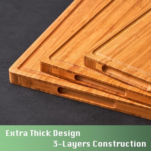 Allsum Bamboo Wood Cutting Board for Kitchen, 1" Thick Butcher Block, Cheese Charcuterie Board, with Side Handles and Juice Grooves, 16x11" (Pack of 2)