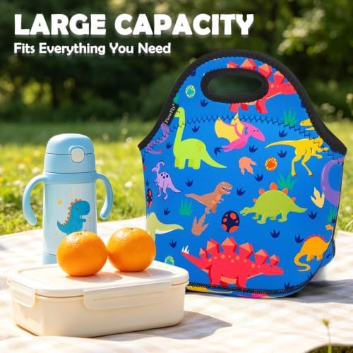 FlowFly Neoprene Kids Lunch box Insulated Soft Bag Mini Cooler Thermal Meal Tote Kit for Boys, Girls,Men,Women,School,Work, Office, Dinosaur