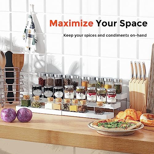 Expandable Spice Rack Organizer for Cabinet - 3 Tier Adjustable Cabinet Spice Organizer Easy Visibility - Spice Organizer for Cabinet Countertop Cupboard Pantry Organization (White)