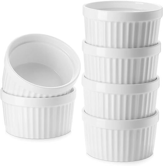 8 oz Ramekins Set of 6, Porcelain Ramekins Oven Safe,Small Souffle Dishes for Creme Brulee, Ice Cream, and Sauces, 4 inch White Mini Baking Bowls