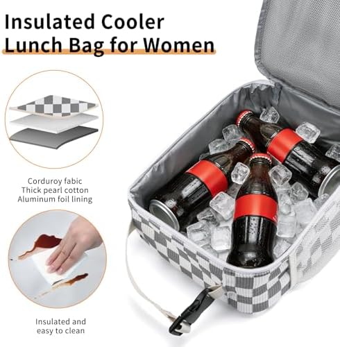 Lunch Box for Women Men Adult Insulated Lunch Bag Women Men Small Reusable Lunchbox for Work Picnic Travel (Gray-White Plaid)