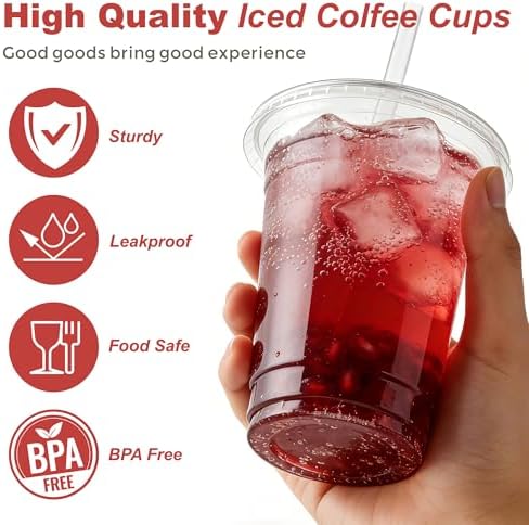 Ginkgo 100 Pack - 16 oz Clear Plastic Cups with Lids and Straws