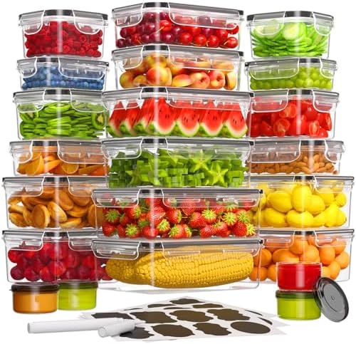 44 PCS Food Storage Containers with Lids Airtight (22 Containers & 22 Lids), Leak proof Meal Prep Container Set for Kitchen Storage, BPA-free, PVC-free Plastic, Microwave/Dishwasher Safe, Labels & Pen