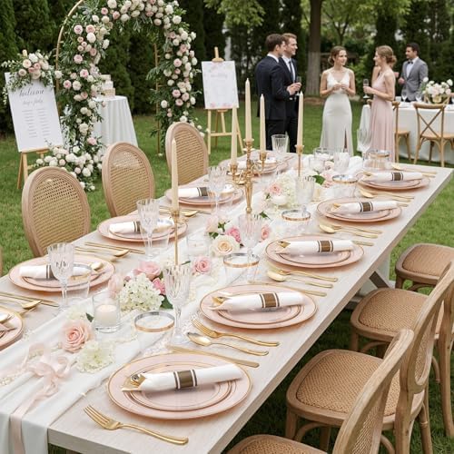 WDF Partyware 175PCS Pink plastic Plates - Pink Disposable Plates 25Guests Disposable Dinnerware Sets with Rolled Napkins for Wedding/Birthday/Baby Shower