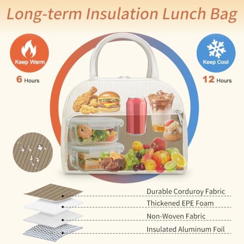 Coobiiya Corduroy Lunch Bag Lunch Box for Women Men, Reusable Cute Lunchbag - Leakproof, Insulated LunchBox Tote with Large Capacity