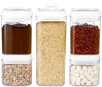 Felli Flip Tite Food Storage Container 5" LARGE 5pk Set + No Residue Label, Airtight Lid Easy Lock Top Stackable, Plastic Canister Jar for Pantry Kitchen Fridge Organizer Pasta Protein Powder Spice