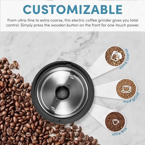 Aroma Housewares Mini Coffee Grinder and Electric Herb Grinder with 304 Stainless Steel Grinding Blades and a Premium Clear Lid (40 g.), Black