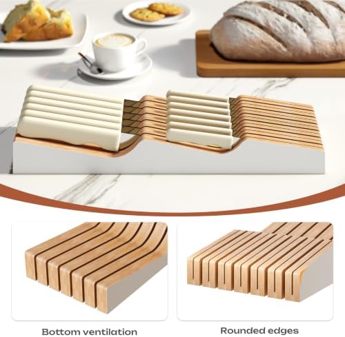 In-Drawer Knife Block Organizer - Bamboo Wood Drawer Knife Organizer-Protecting Knife Organizer Block (Not Included) (White, 13 Knives Dock)