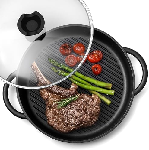 Moss & Stone 12" Grill Pan for Indoor Cooking, Nonstick Pan with Glass Lid