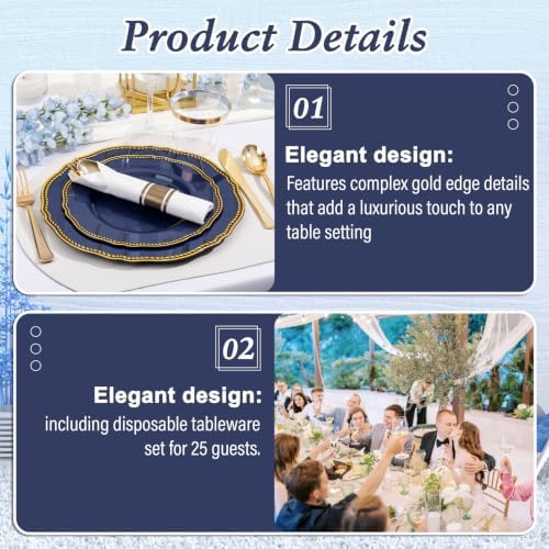 Hioasis 175 Pcs Blue Gold Plastic Plates Wedding & Party