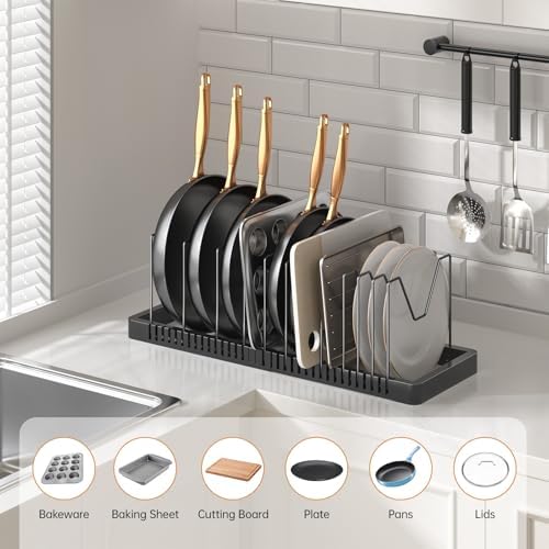 PanPanPal Pots and Pans Organizer under Cabinet, Expandable Pot Lid Organizer Holder with 12 Adjustable Compartment, Pan Organizers inside Cabinet for Lids, Bakeware, Kitchen Storage Pot Rack, Black