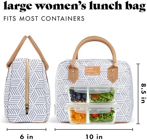 Fit & Fresh Bloomington Lunch Bag for Women - Insulated Large Lunch Box for Work with Containers, Leak-Resistant, Stain-Resistant, Zipper Closure, Gray Seaport Geo