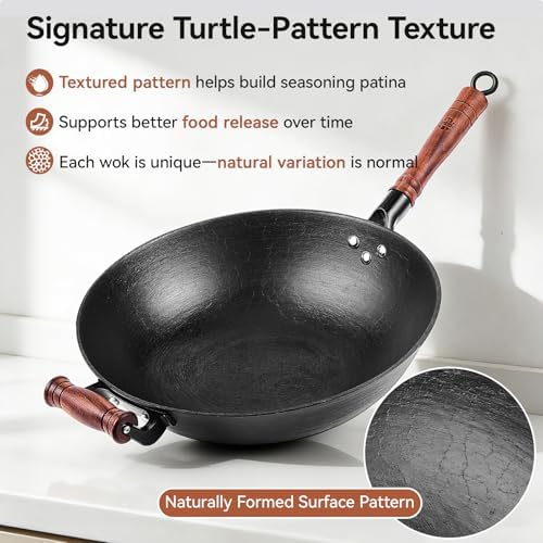 WANGYUANJI 14.1" Cast Iron Wok with Glass Lid, Flat Bottom
