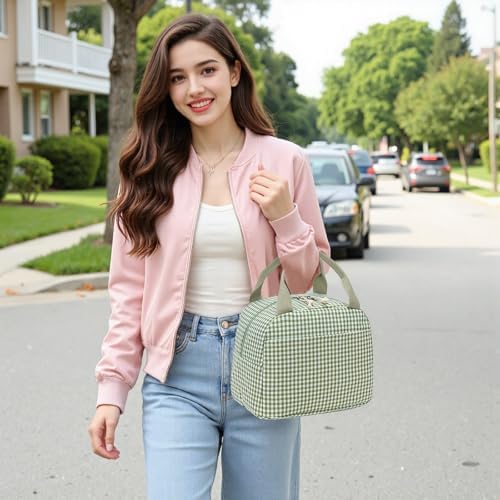 Bluboon Lunch Box for Women Cute Lunch Bag Reusable Insulated Lunch Bags Large Capacity Lunchbox Cooler for Work Picnic or Travel Gifts (Sage Green White grid, 10 x 7.5 x 8 inches)