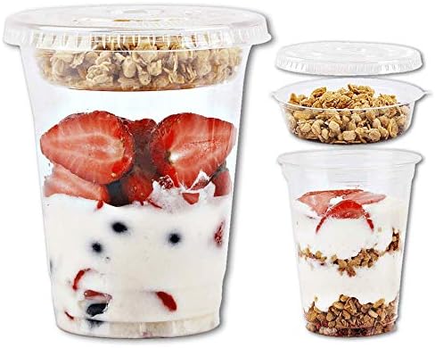 Aatriet 12 oz Clear Plastic Parfait Cups with Insert 3.25oz & Flat Lids No Hole - (20 Sets) Yogurt Fruit Parfait Cups for Kids, for Dips and Veggies, Take Away Breakfast and Snacks. No Leaking