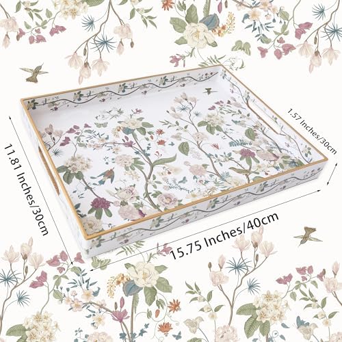 Serving Tray with Handles, Rectangular Plastic Tray 15.75x11.81 Inch, Floral Art with Peony, Hydrangea, Magnolia & Magpie Style Decorative Tray for Kitchen, Dining Table, Vanity, Office & Home