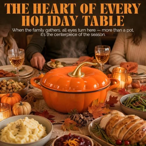 ROVSUN Pumpkin Dutch Oven Pot with Lid – Enameled Cast Iron Pumpkin Shaped Pot with Gold Stem Knob, Matching Halloween Trivet & Oven Mitts, Fall Cookware for Soup, Stew & Braising, Orange, 5QT