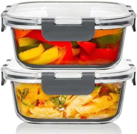 Razab 2 PC 1200ML / 41 Oz Glass Food Storage Containers with Lids - Airtight & Leakproof - Microwave/Oven/Freezer Safe - BPA Free - Ideal for Meal Prep, Storing Leftover & Lunch