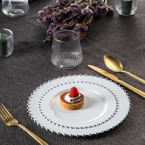 PLASTICPRO 128 Piece Combo Plastic Dinner Plates Disposable Plastic Fancy Heavy Duty Party Dishes 7 inch and 10 inch, White and Silver Beaded