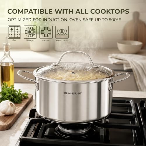 SUNHOUSE 3.5 QT Fully Clad Tri-ply Stainless Steel Stock Pot with Glass Lid