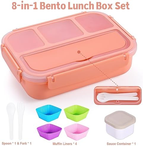 Bento Box Adult Lunch Box, Lunch Containers for Kids Girls Boys with 4 Compartments, Lunchable Food Container with Utensils, Sauce Jar, Muffin Liners, 40 Oz/5 Cup, Microwave & Dishwasher Safe, Pink