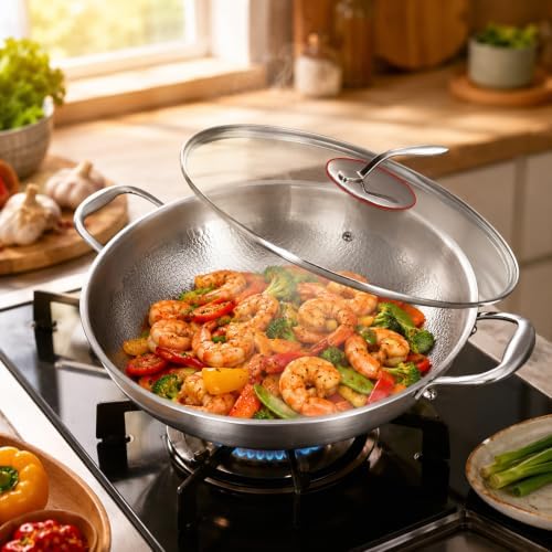 14 Inch Titanium Hammered Wok with Double Handles, Frying Pans Nonstick, Non-Stick Wok, Scratch-Resistant Non Stick Titanium Pans for Cooking,No lid