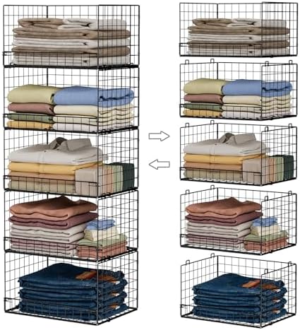 Yociyoga 5-Tier Stackable Closet Organizers and Storage Shelves, Closet Shelf Organizer Basket Bins, Foldable Sweater Storage for Closet Organizer System, Black(Patent 30022416)