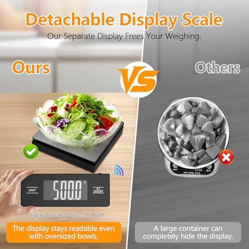 Wireless Detachable Display Digital Food Scale, 11lb/5kg, Solid Black 1g Precise Weighing, Tare & Backlit LCD, 304 Stainless Steel Surface, Ideal for Coffee Brewing, Baking & Daily Meal prep