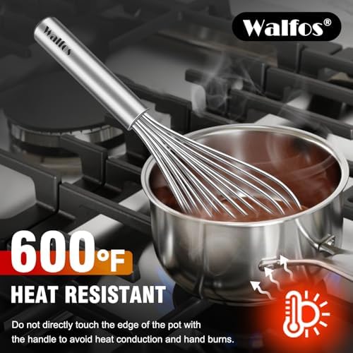 Walfos Whisk,304 Stainless Steel whisk,No-Rust 7+9+11inch Whisks for cooking Nice for Blending,Whisking,Beating.Heat resistant 600°F Dishwasher Safe. Heavy duty kitchen whisk.SILVER