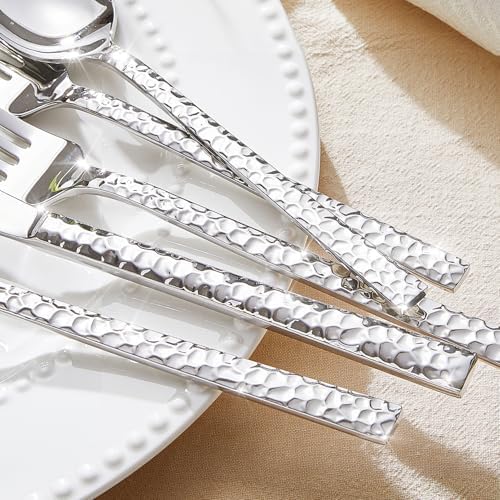 30 Piece Hammered Silverware Set, 18/10 Stainless Steel Flatware Set for 6
