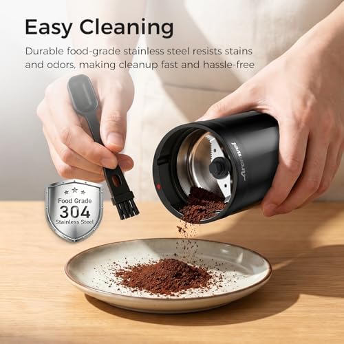 Electric Coffee Grinder, 2-in-1 Cleaning Brush & Scoop, Safety Lid