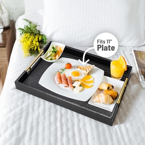 ATZYmolin 17"x12" Leather Serving Tray, Gold Handle Vanity Platter, Black