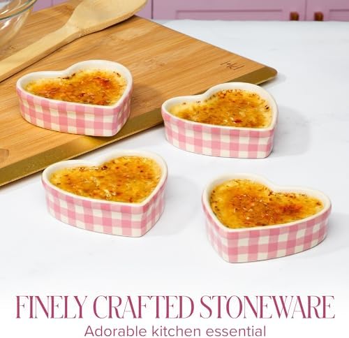 Paris Hilton Heart Shaped Ramekins Oven Safe, 4-Piece Mini Ceramic Ramekin Set, Stoneware Baking Dishes, Microwave, Dishwasher & Freezer Safe, Gingham Design, 3-Ounce, Pink