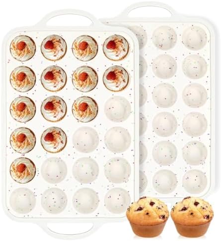 FUNBAKY Silicone Mini Muffin Pan, Metal Reinforced Frame 24 Cups Nonstick Mini Cupcake Pans with Handles Easy to Move for Baking Muffin, Cupcake, Egg Bites Oven Safe, Silicone Molds 2 Pack Confetti
