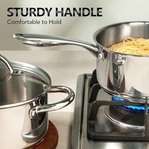 MICHELANGELO Saucepan Set 6pc, 18/10 Stainless Steel Saucepans with Lids, Tri-Ply Bottom, Dual Handle 3QT, Induction Compatible Sauce Pots, 1QT & 2QT & 3QT