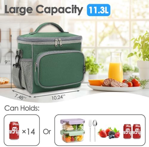 FlowFly Insulated Reusable Lunch Bag Adult Large Lunch Box for Women and Men with Adjustable Shoulder Strap,Front Zipper Pocket and Dual Large Mesh Side Pockets,ArmyGreen