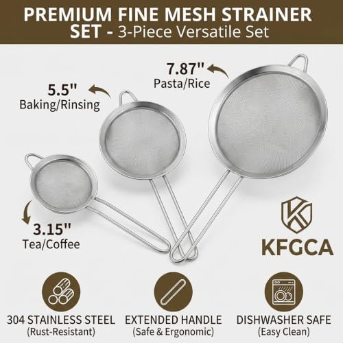 Fine Mesh Strainer Set 3-Piece,Stainless Steel Sifters 3.15"5.5"7.8"Kitchen