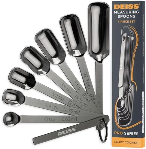 Deiss PRO Heavy Duty Stainless Steel Measuring Spoons for Cooking Spices Dry or Liquid Ingredients Fits in Spice Jar Adjustable Measuring Spoon Set of 7 Measuring with Leveler Measuring Spoons Set