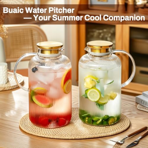 Buaic Glass Pitcher with Lid,128 oz Classic Vertical Stripes Water Pitcher