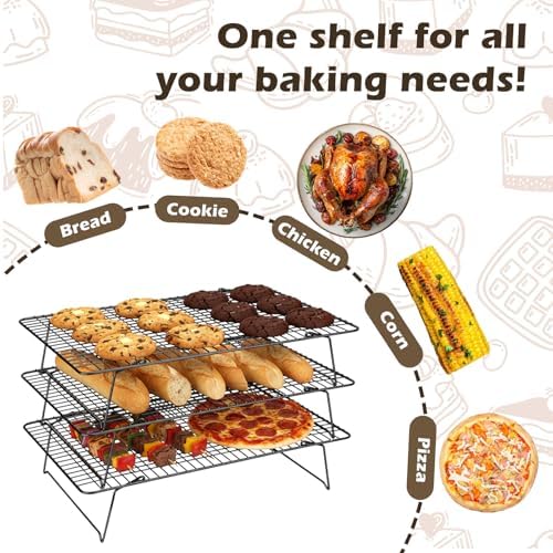 Pleafind 3 Pieces Stackable Cooling Rack - 16 x 10 Inch Wire Rack, 0.43" Dense-Grid Cooling Racks for Cooking, Baking, Roasting, Grilling, Oven and Dishwasher Safe, Black