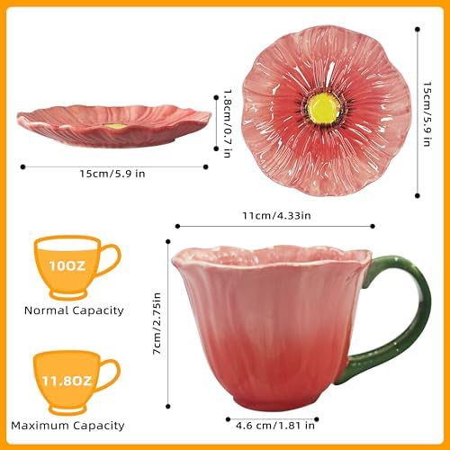 10 oz Tea Cups and Saucers, Ceramic Flower-shaped Cappuccino Cup, Latte Cup and Saucer set, elegant floral Espresso Cup set, Suitable for microwave and dishwasher-Red