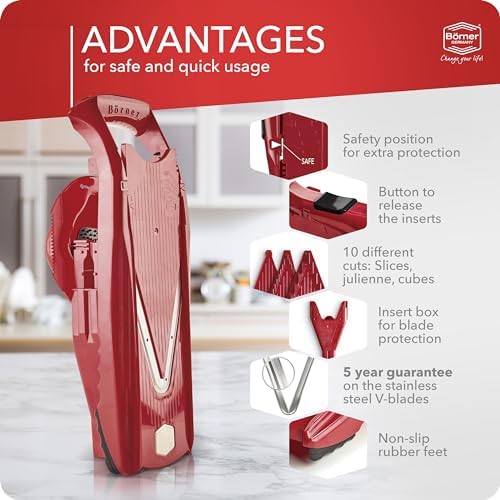 Börner Mandoline Slicer V5 (Starter Set) • Vegetable V-Slicer for Slices, Sticks & Dices in Various Sizes • With Stainless Steel V-Blade • Adjustable Kitchen Slicer • Color: Red