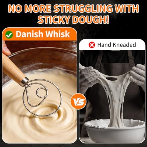 Polly Online Dough Whisk,Wooden Handle Danish Sourdough Whisk with Stainless Steel Dough Hook for Bread, Pastry or Pizza Dough 13 Inch 1-PACK